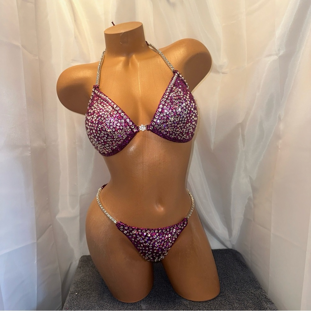 Npc competition bikini suit fuchsia 34 C    small bottoms handmade all crystals